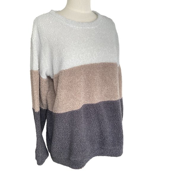 Julyclo Colorblock Nubby Fleece Earth Tone Camel Brown Cream Lounge Sweatshirt-L - Picture 1 of 10